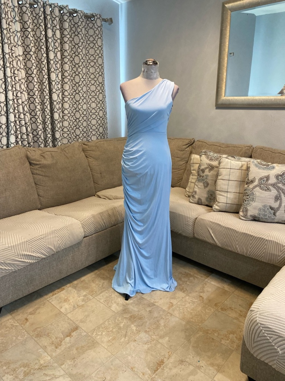 New Women Small Light Blue One Shoulder Ruched Maxi Dress